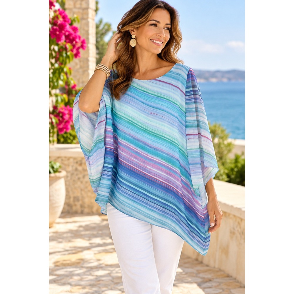 Chicos Watercolor Stripe Poncho Top 1 Blue Boho Asymmetric Kimono Blouse